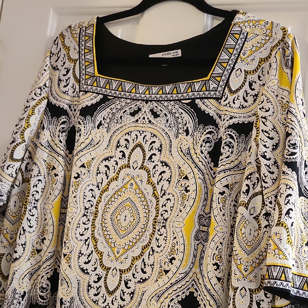 Studio One Black and Yellow Paisley Midi Dress